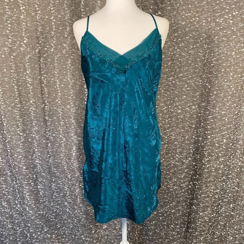 Vintage Inner Most Floral Slip Dress Teal Satin Embroidered V-Neck Women's M